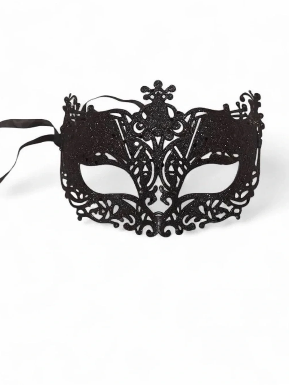 Black Glitter Masquerade Mask with Ornate Filigree Damask Die Cut Design